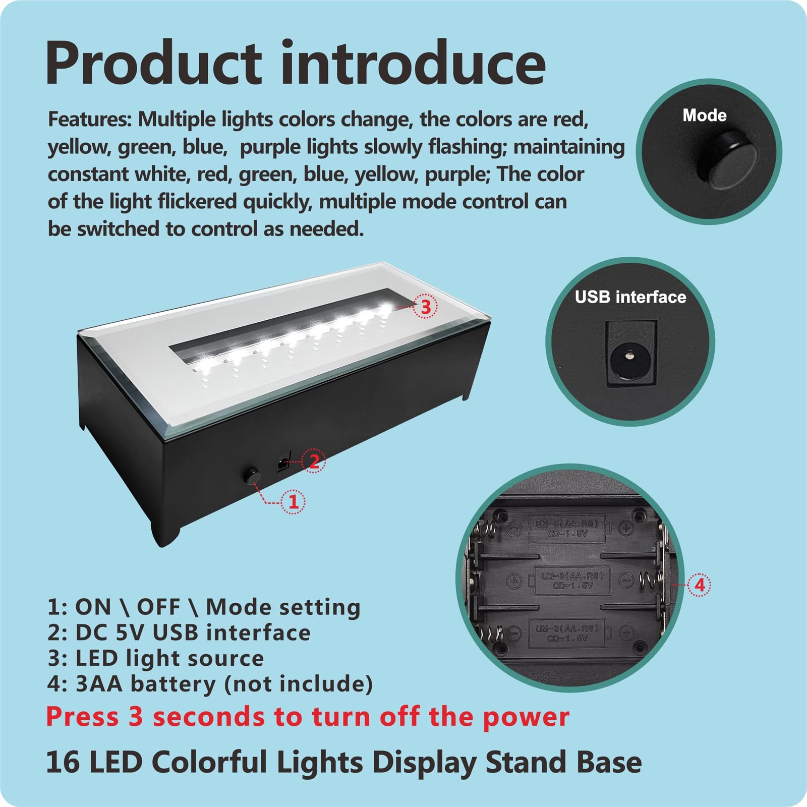 6 Inch Rectangular LED Display Stand Base For 3D Crystal Art Colorful Light Lamp
