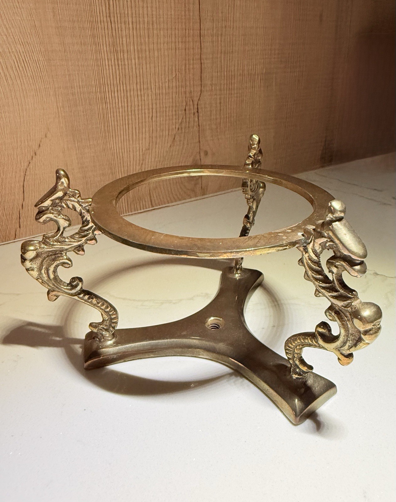 Large Vintage Lead Crystal Ball Sphere on Ornate Dragon Brass Stand