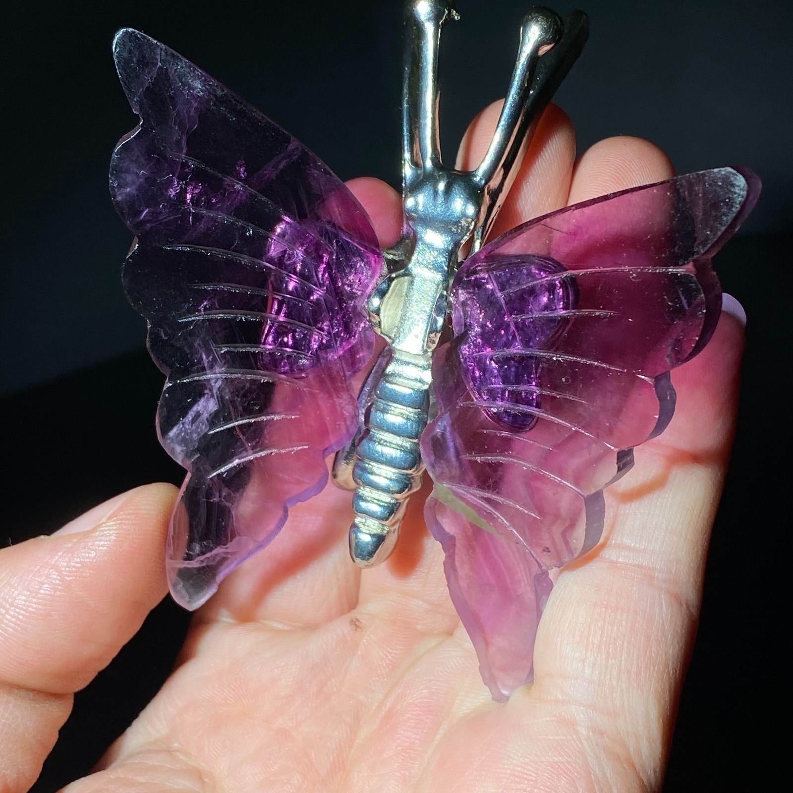 Natural Crystal Fluorite Butterfly Wings Healing Statue Decor + Stand
