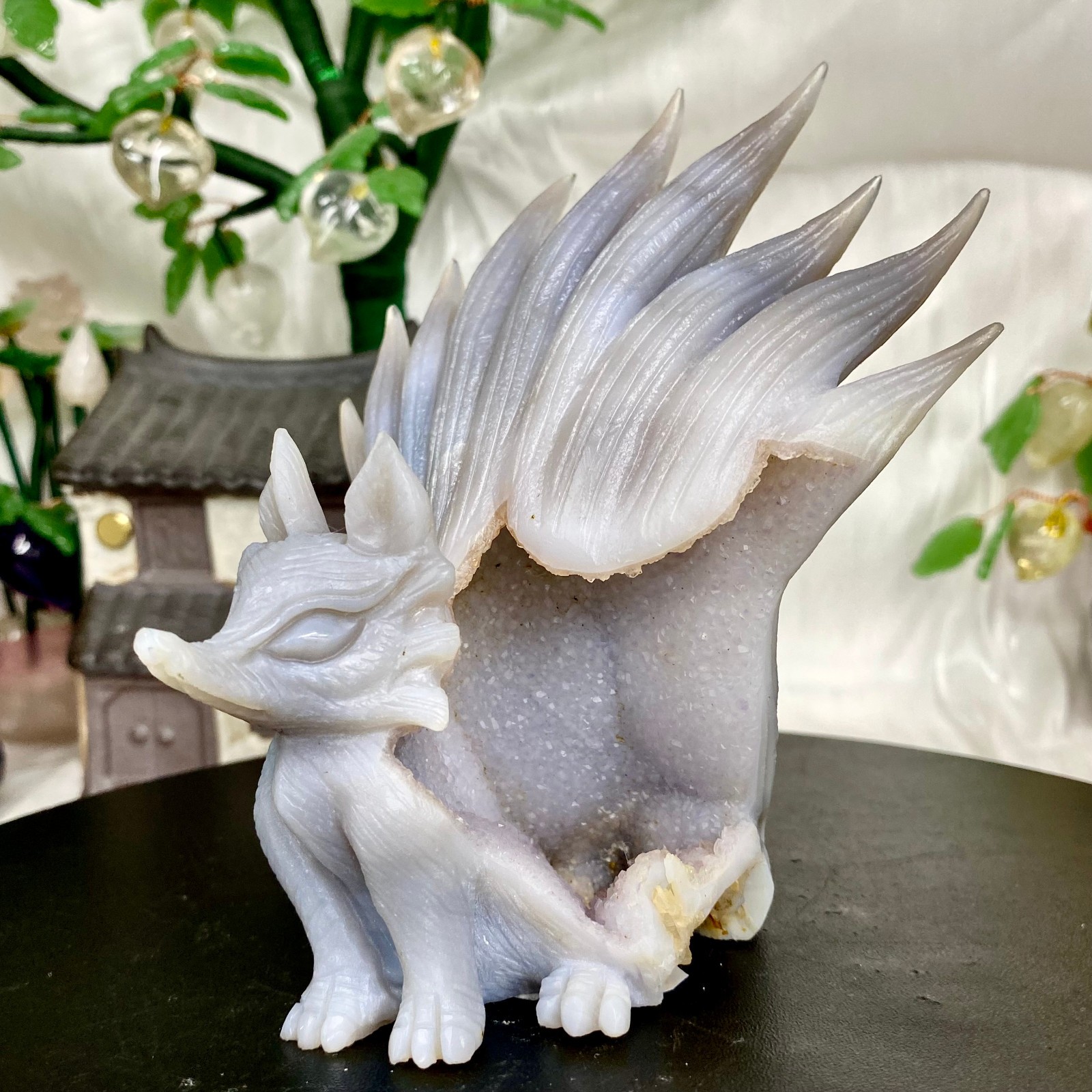 485G Natural Amethyst Geode Hand Carved Nine-tailed Fox Quartz Crystal Decor