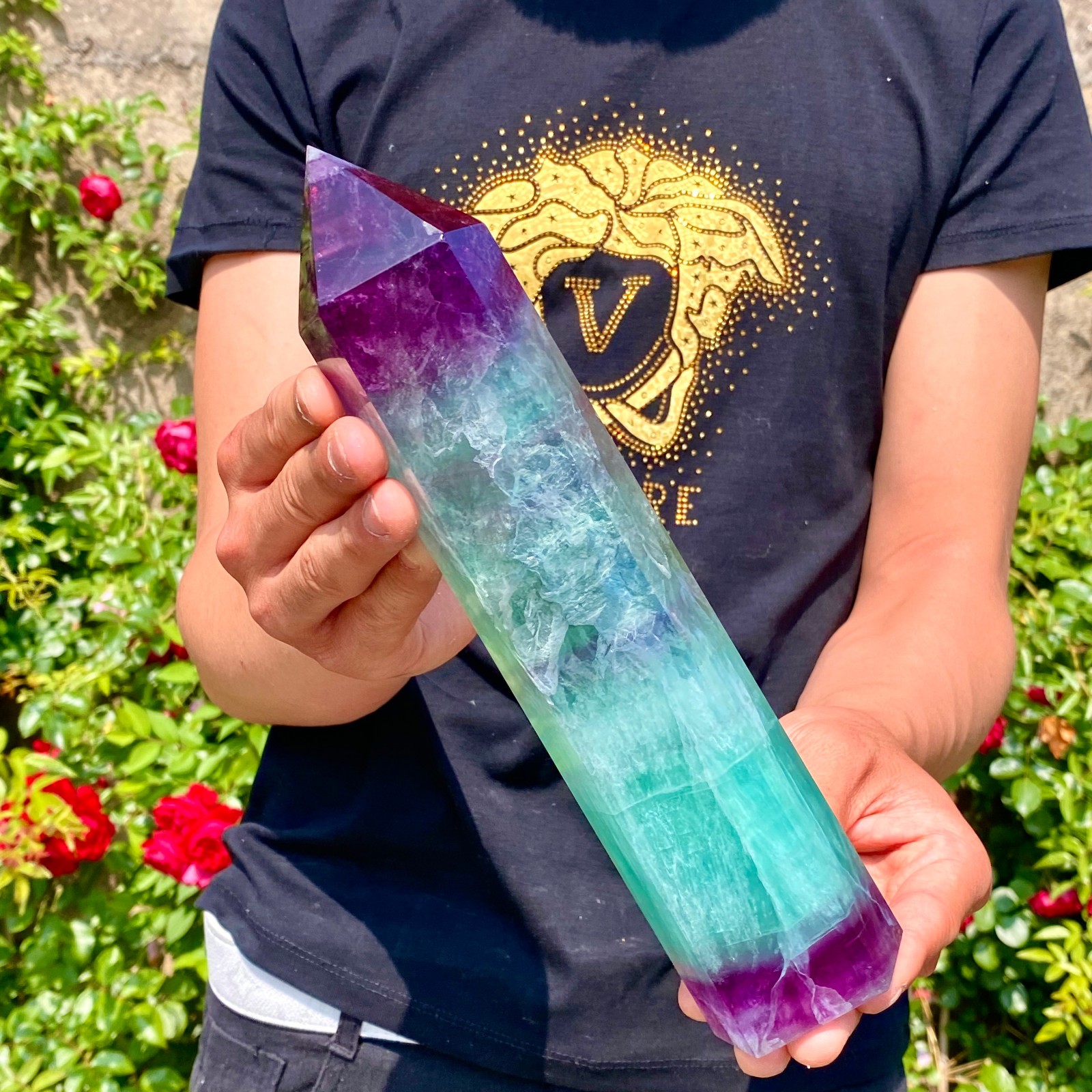 3.19LB Natural rainbow fluorite obelisk quartz crystal wand point Gem Healing