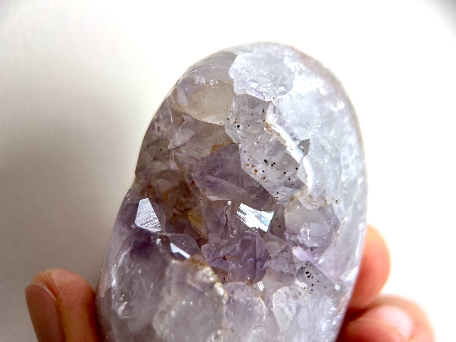 Natural cute light purple amethyst geode crystal, hematite inclusion & rainbows