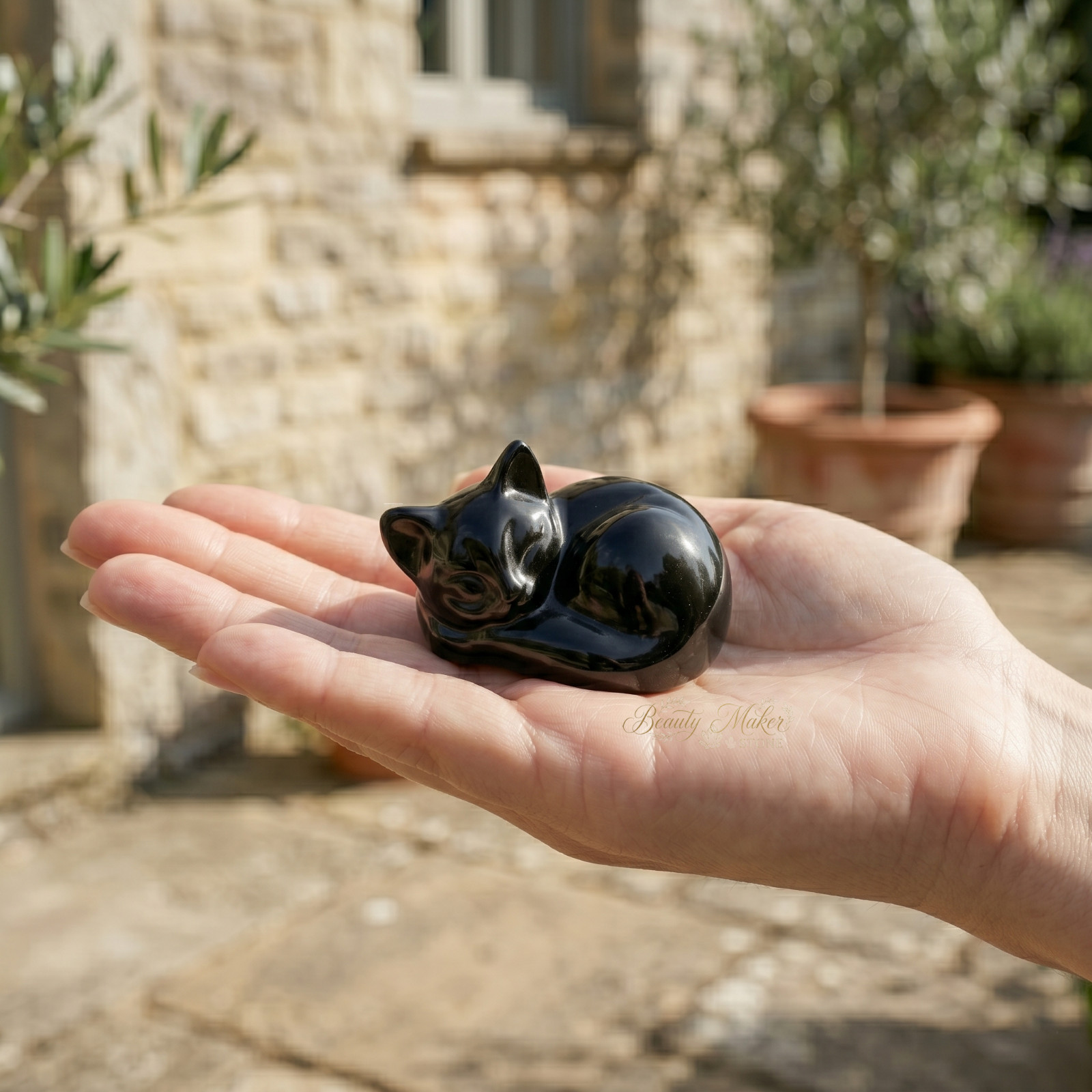 Black Stone Sleeping Cat Figurine Hand Carved Gemstone Animal Statue Decor Gift