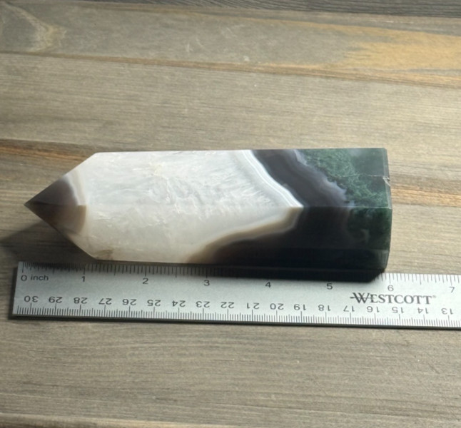 Large Natural Moss Agate in Quartz Crystal Tower White Plume Green Moss 6”