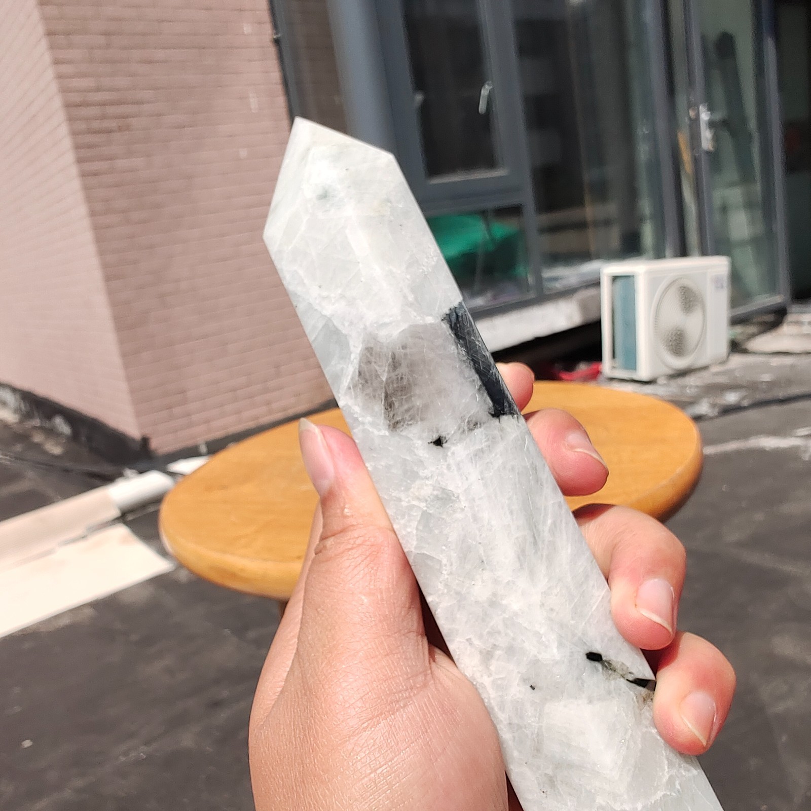 489g Large White Rainbow Moonstone Crystal Obelisk Tower Point Quartz Healing
