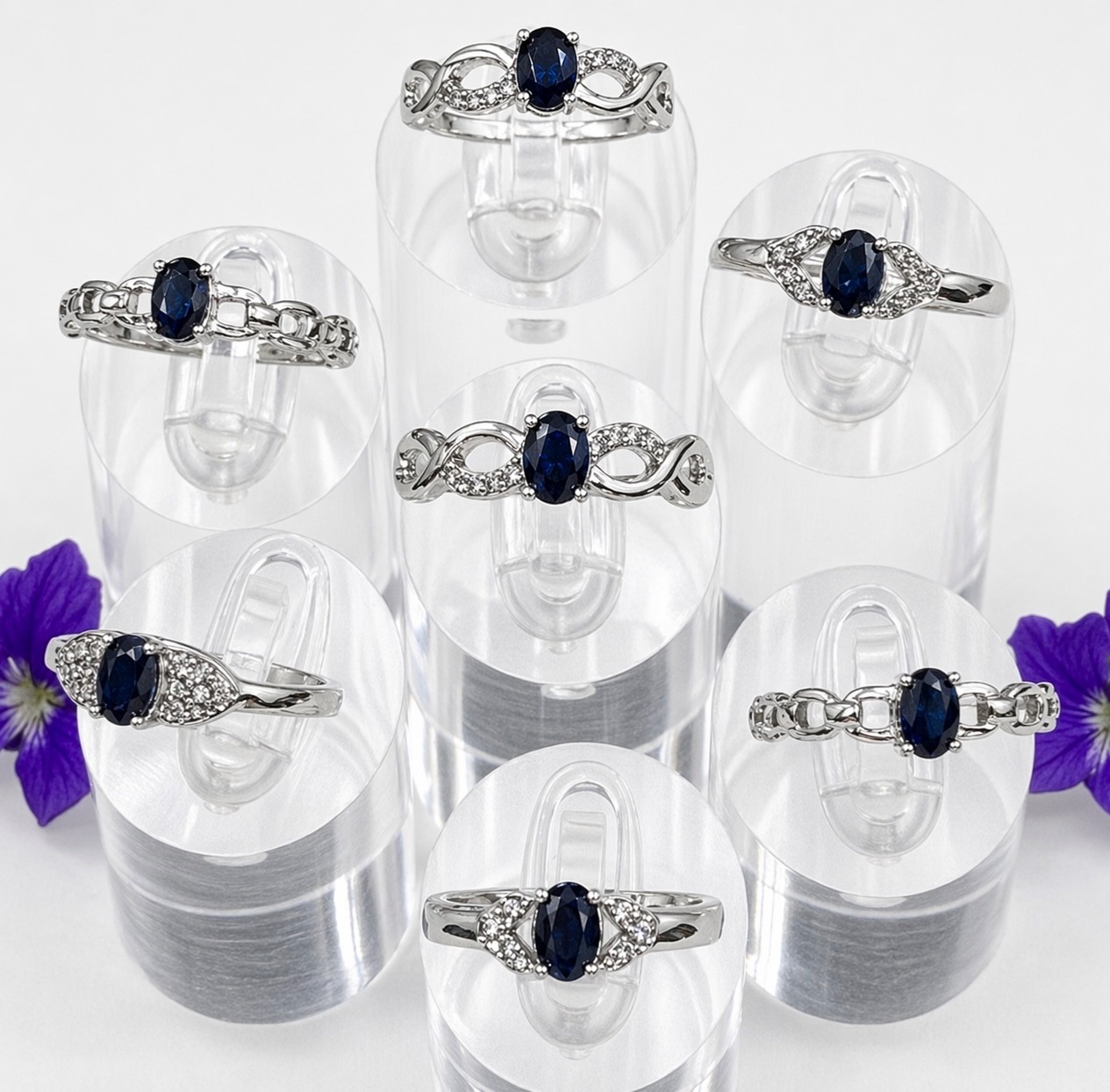 Wholesale Lot 7 Pcs Natural Sapphire Stainless Steel Rings(316) Crystal 4x6mm