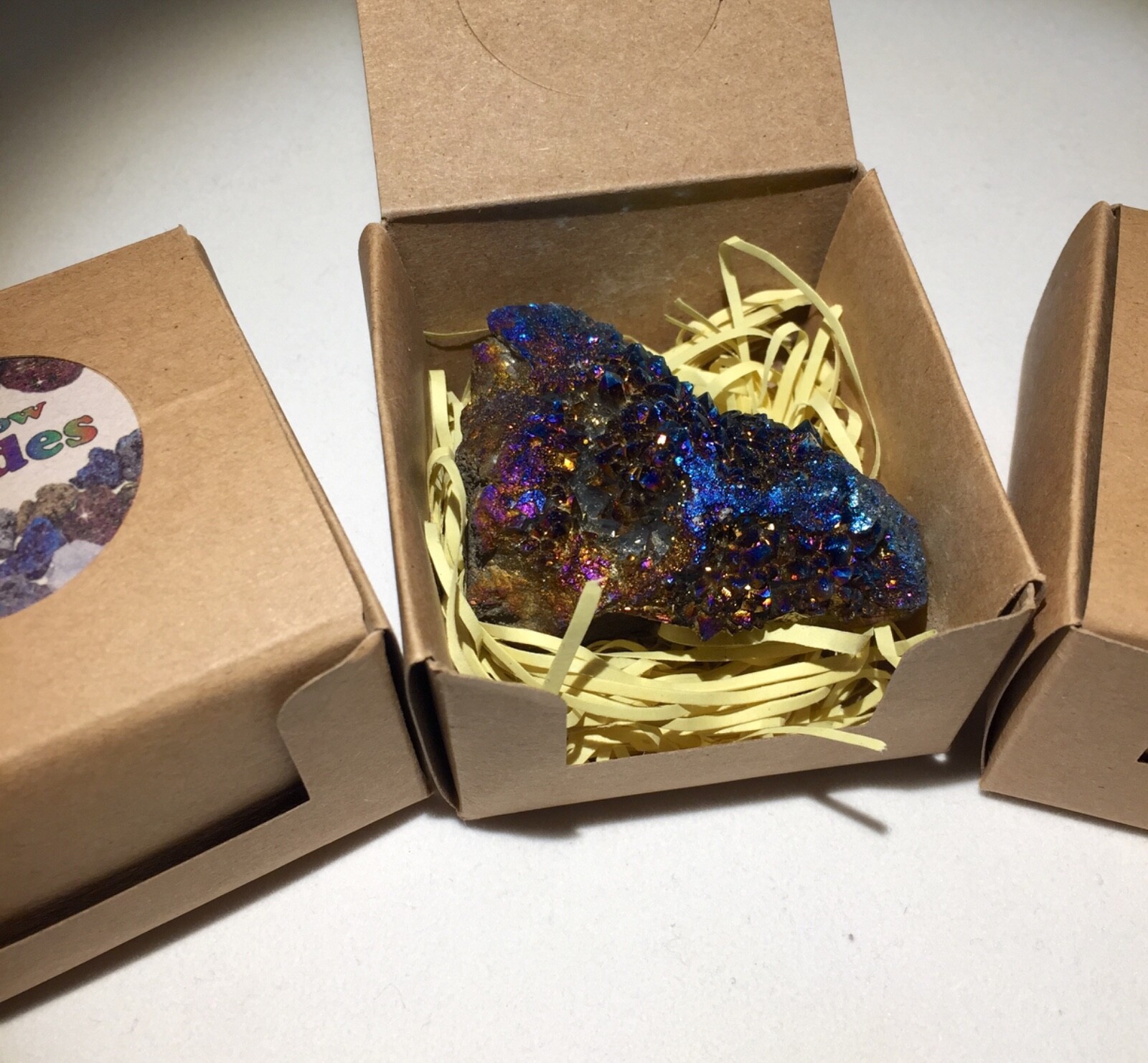 Rainbow Geode Box, Raw Crystal Surprise Box, Titanium Aura Stone, Gift Set of 3