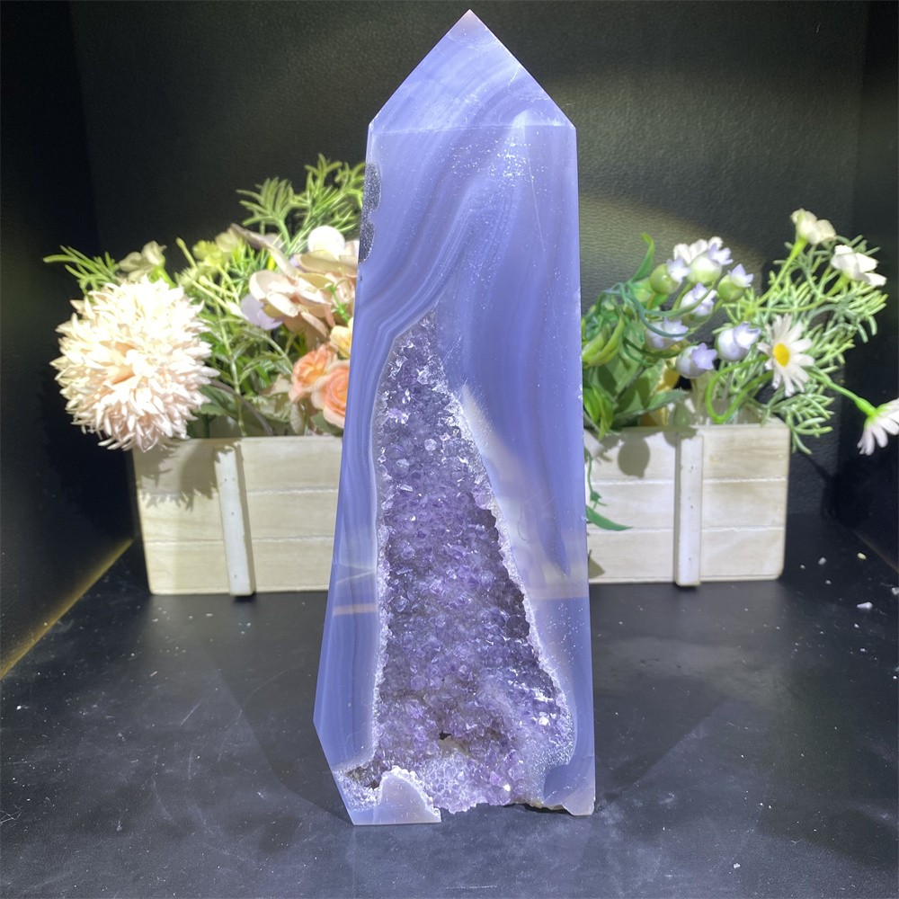1.7LB 8.7″Natural A++Druzy Amethyst Obelisk Crystal Reiki Tower Quartz Decor