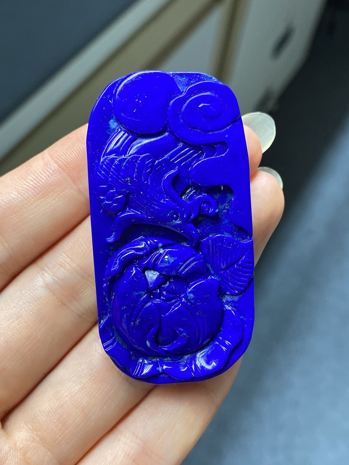 Elegant Royal Blue Ruyi Pendant Phoenix Peony Carving Ethnic Lucky Jewelry Decor