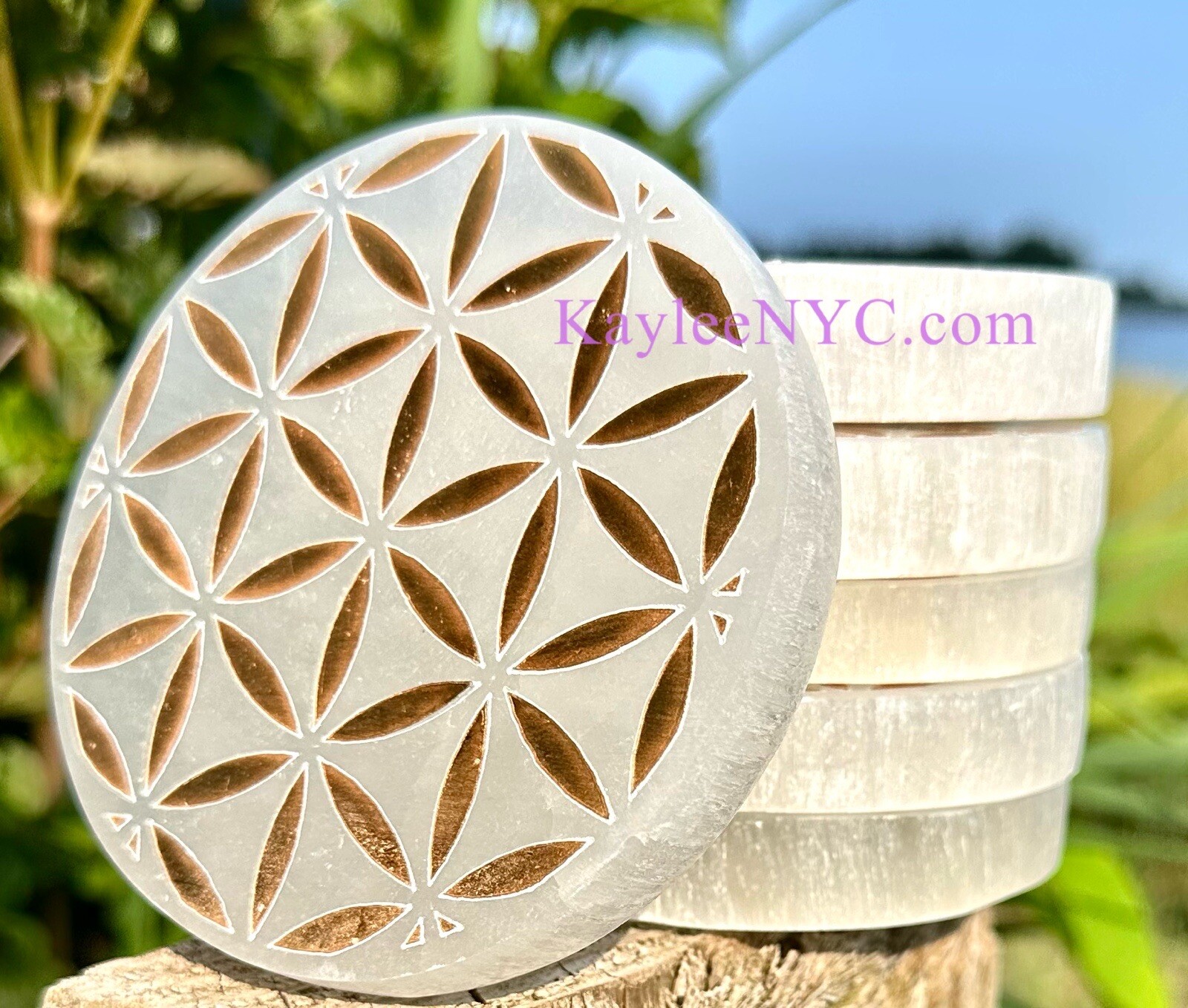 Wholesale 6 PCs Natural Selenite Satin Spar Flower Of Life charging Plate 10cm