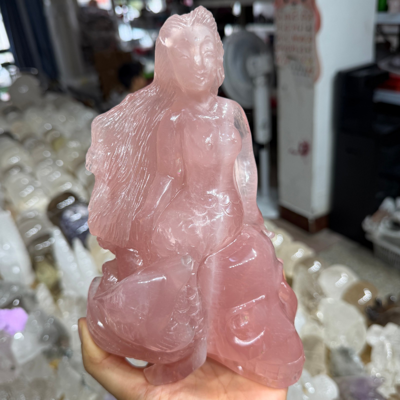 5.58LB Natural rose quartz Carved Crystal mermaid Skull Reiki Healing Decor