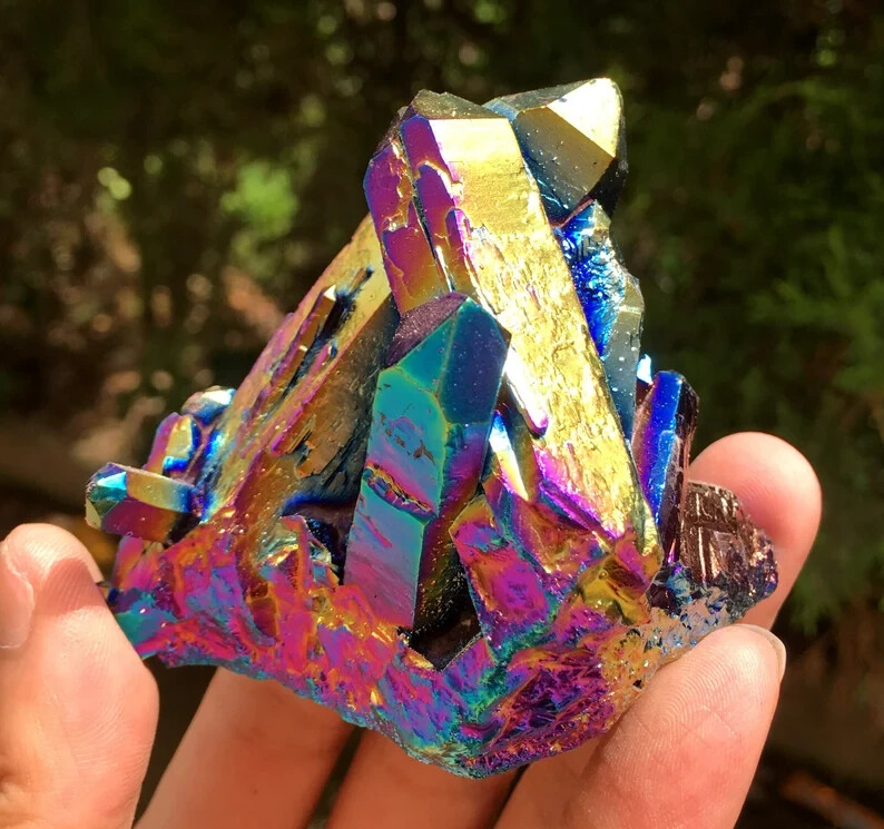Natural Rainbow Aura Angel Titanium Quartz Crystal Point Cluster Geode Specimens