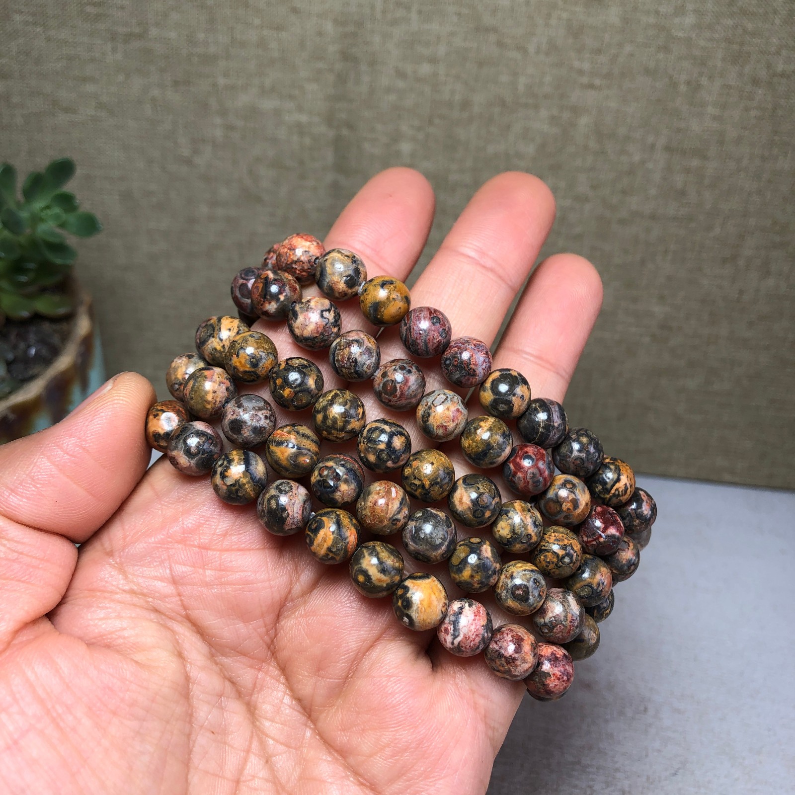 5pcs Natural Leopard stone gemstone Crystal chain bracelet Specimen 8mm T4766