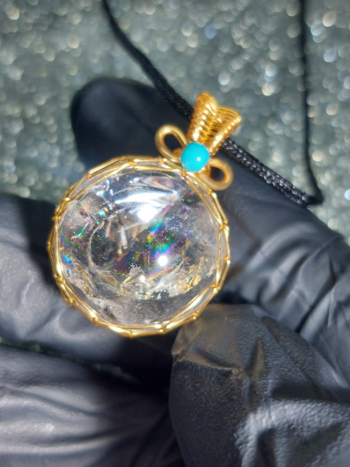 Clear Quartz Sphere Necklace 21mm Gold Wire Wrap – Rainbow High Quality