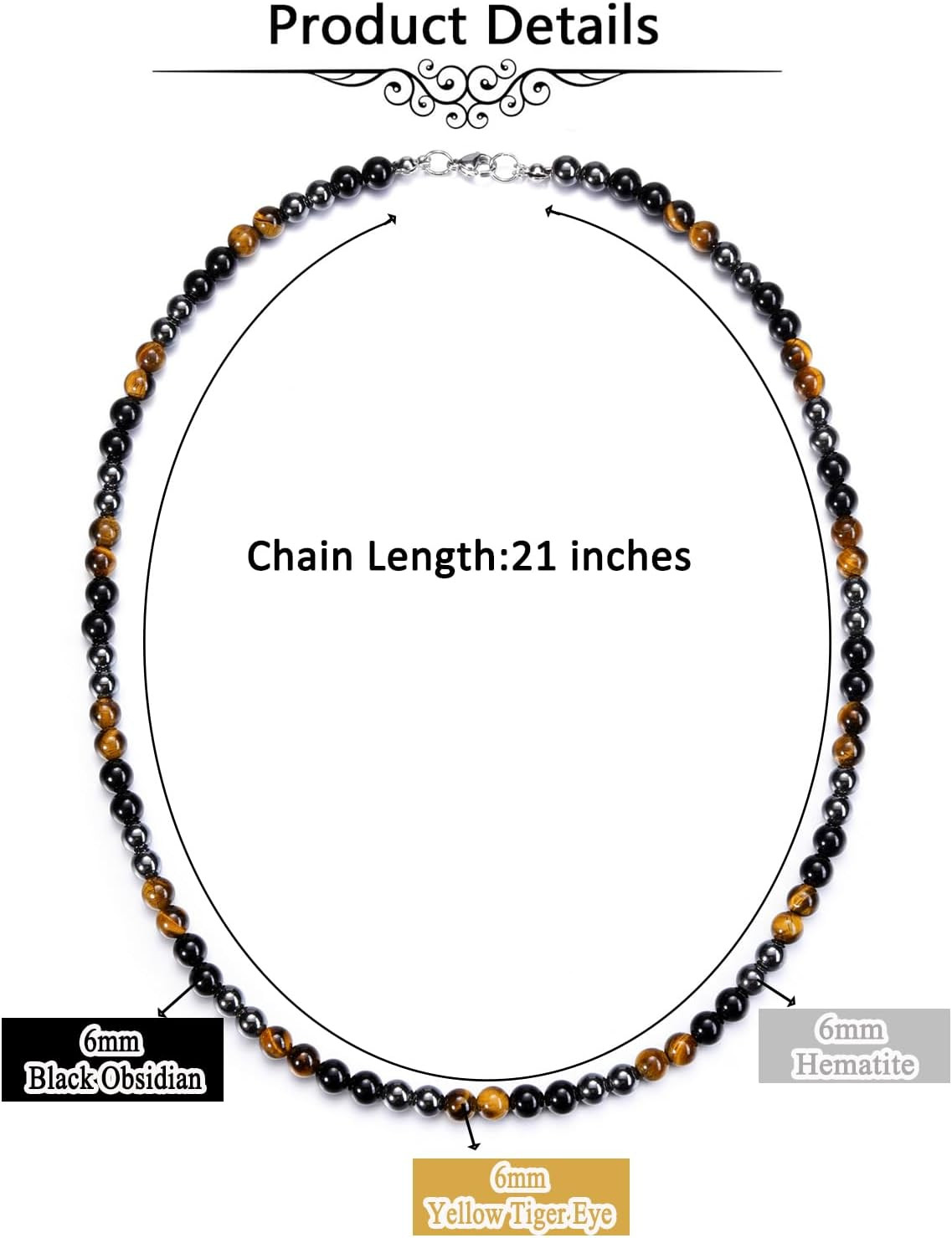Mens Healing Crystal Black Obsidian Tigers Eye Hematite Beaded Necklace Natural
