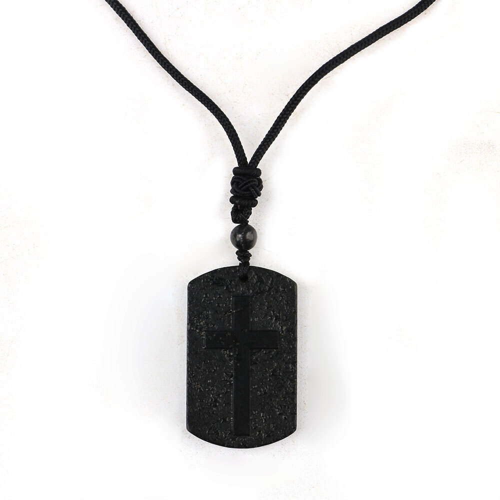 Pendant Shungite Rectangle Engraved Cross Necklace Karelia EMF Shield Protection