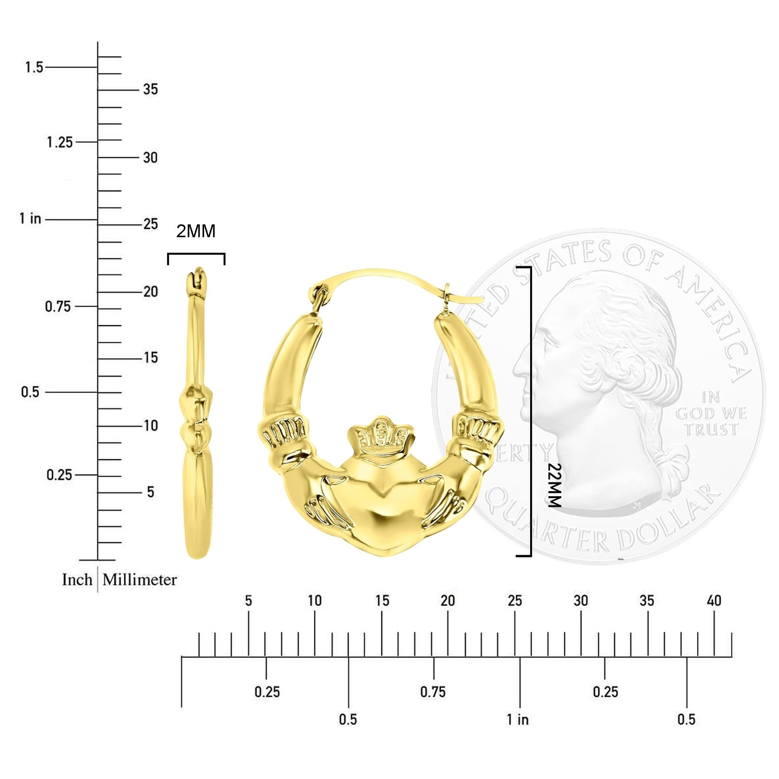 14K Yellow Gold 3x20mm Polished Graduated Hearts Claddagh Lightweight Hoop Ea…
