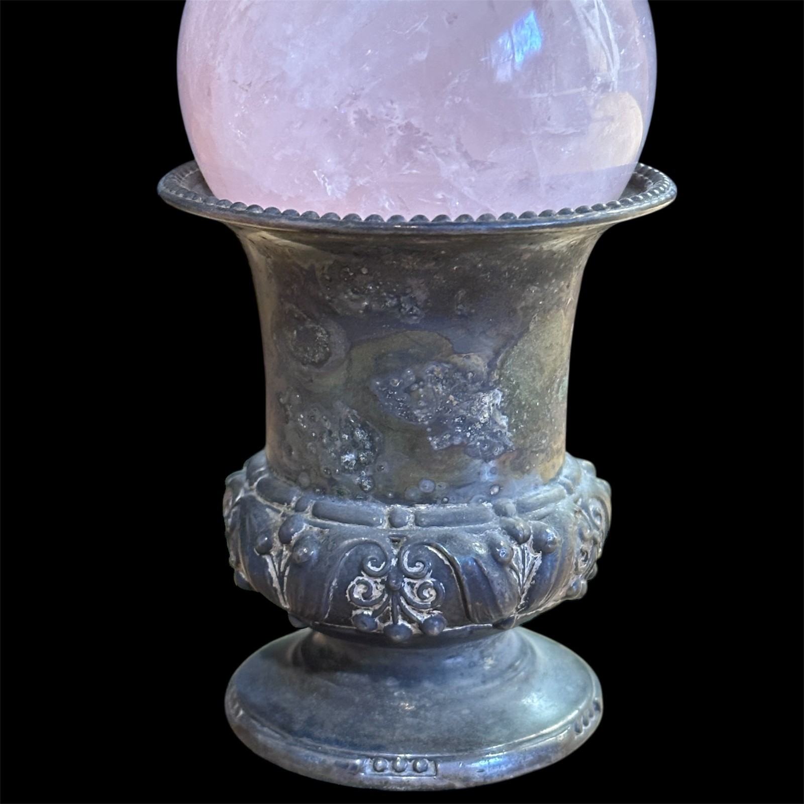 Rose Quartz Sphere with Vintage Brass Holder – 60mm Crystal Valentine’s Day