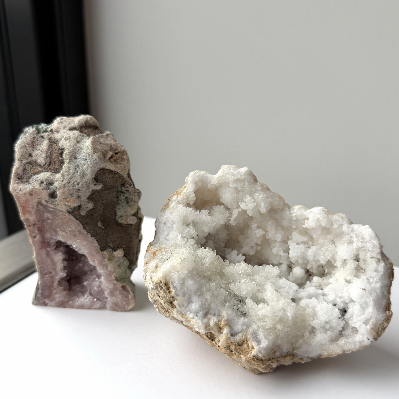 Natural White & Amethyst Crystal Geode Cluster Gem Specimen Set Of 2