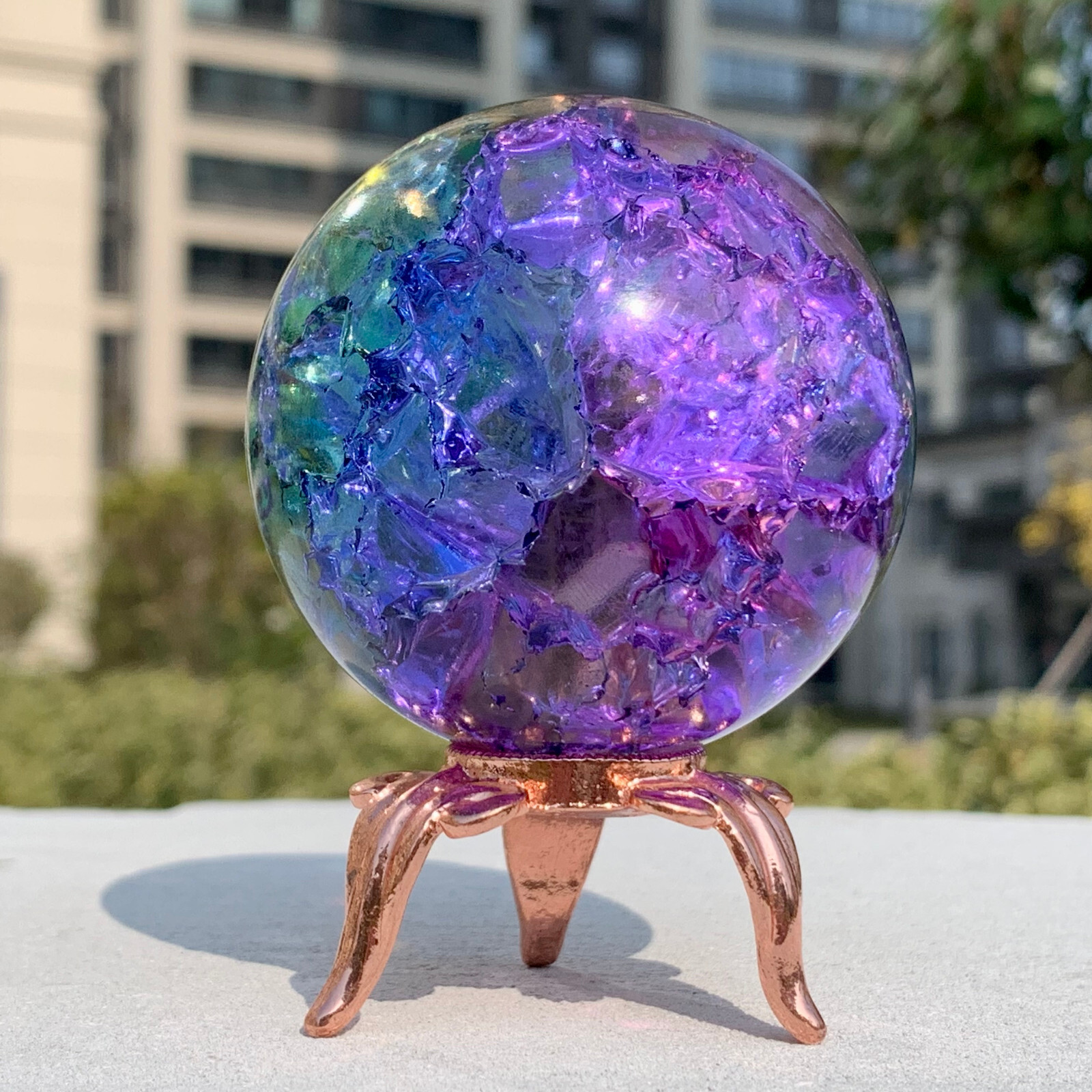 279G Natural Titanium Rainbow Quartz sphere Crystal ball Healing+stand