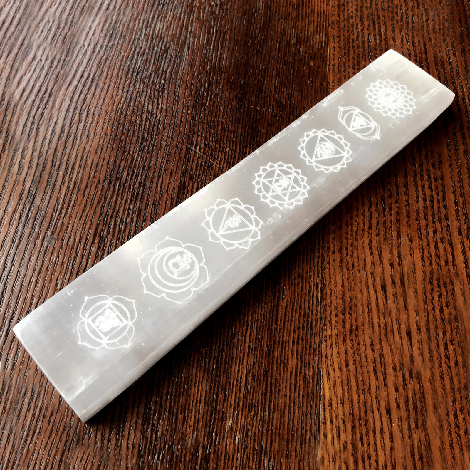 8 ” Polished Selenite Charging Plate XL Engraved Chakra Crystal Display Flat Wan