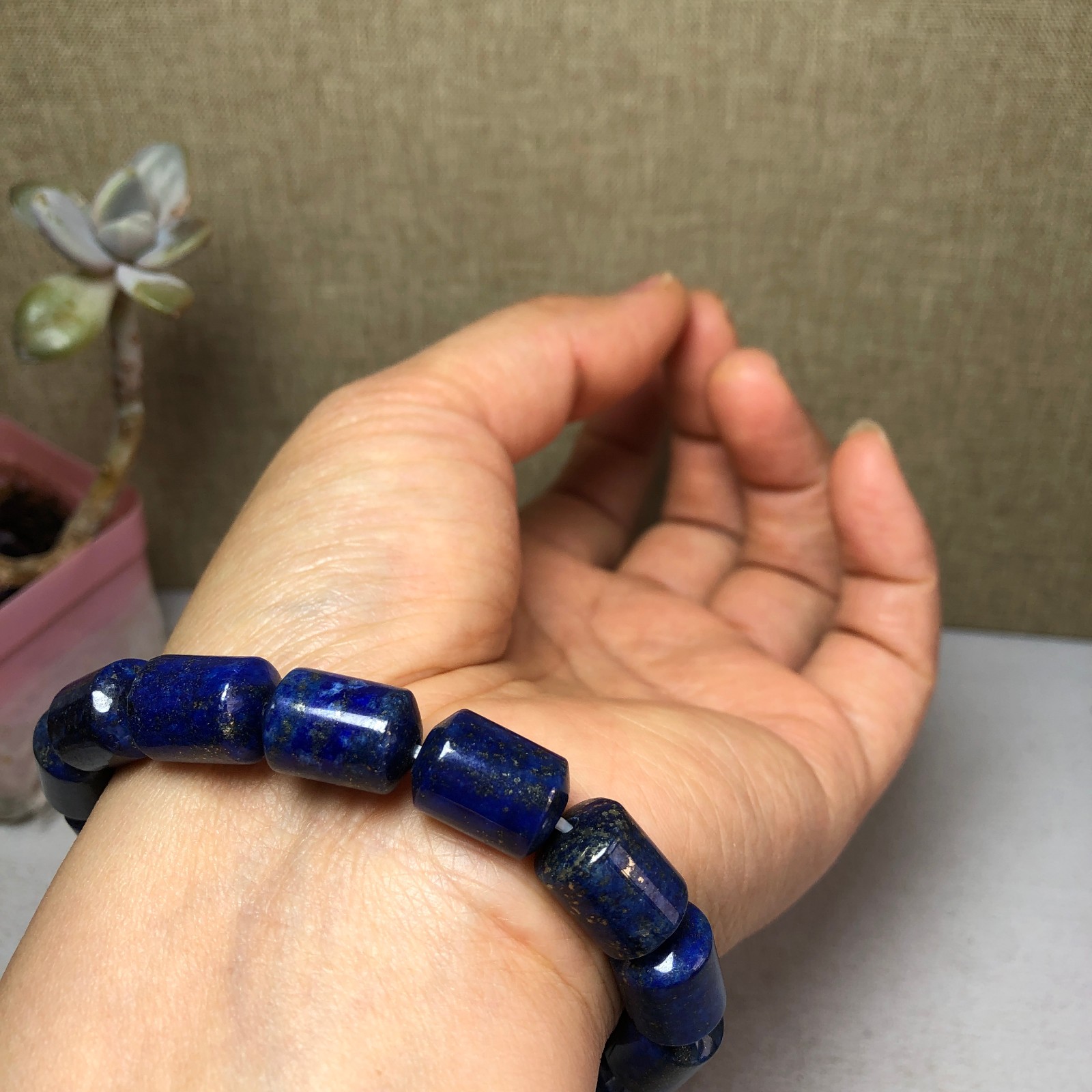 Natural lapis lazuli Bracelet Brown Gemstone Stretch Bucket bead Handmade A3703