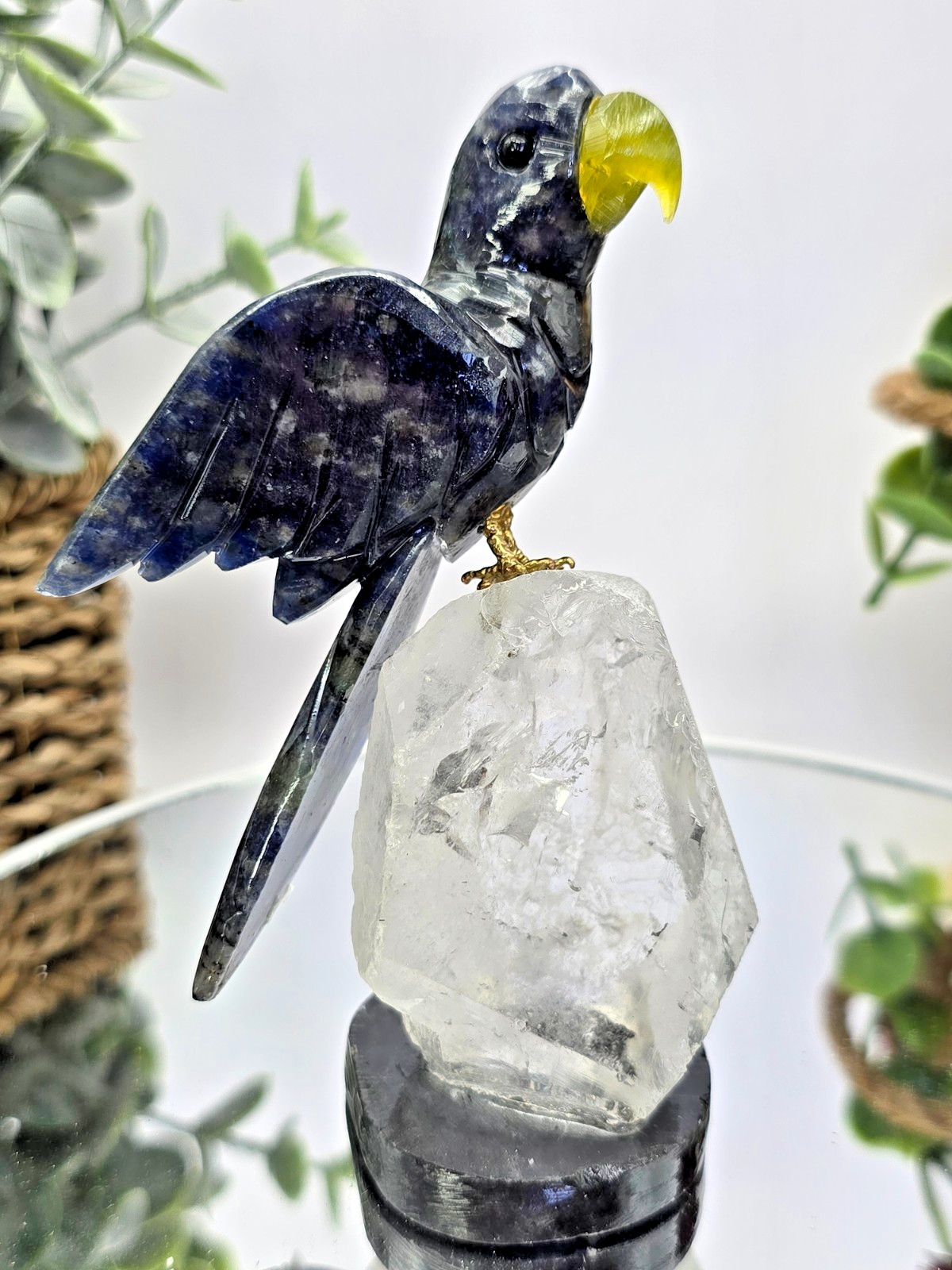Hand Carved Dark Blue Macaw on Clear Crystal Base 4.25″ Natural Stone Bird