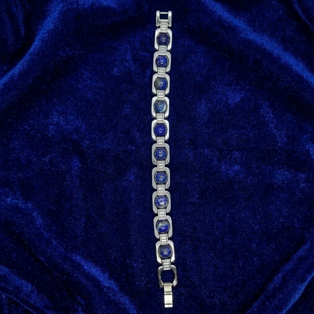 Premium Lapis Lazuli Link Bracelet Silver Plated, Gift for Communication