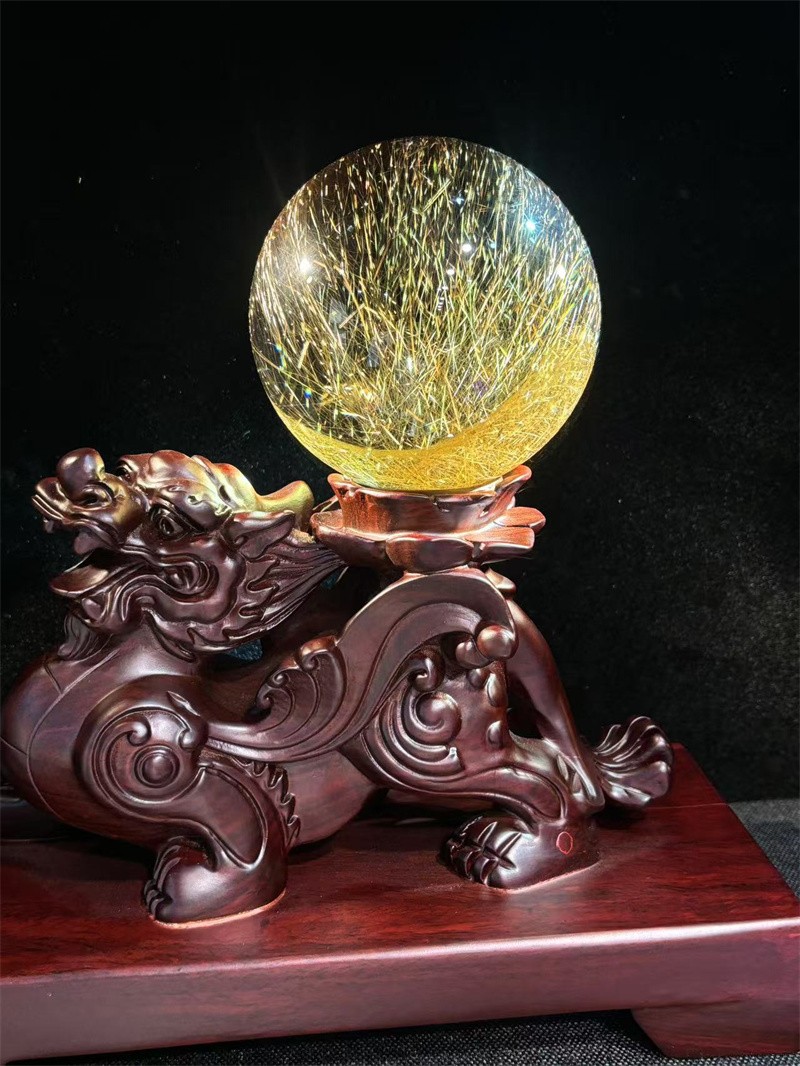 88mm Top Natural Clear Gold Quartz Rutilated Sphere Hair Crystal Ball Healing