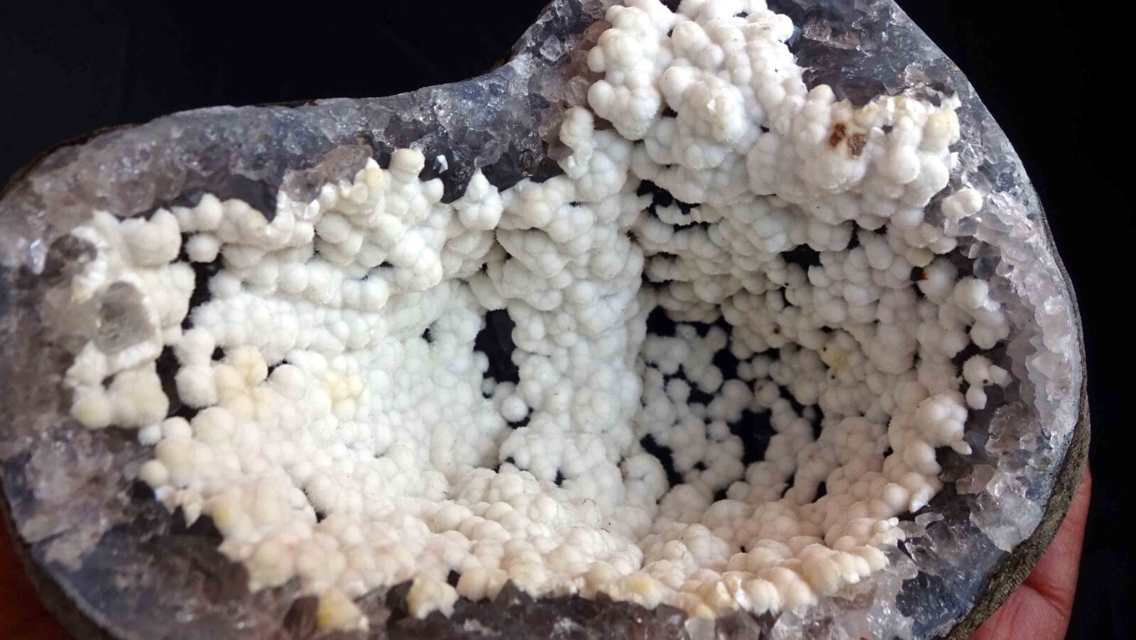 SUPERB OKENITE CLUSTERS IN AMETHYST MATRIX GEODE BASE # 504