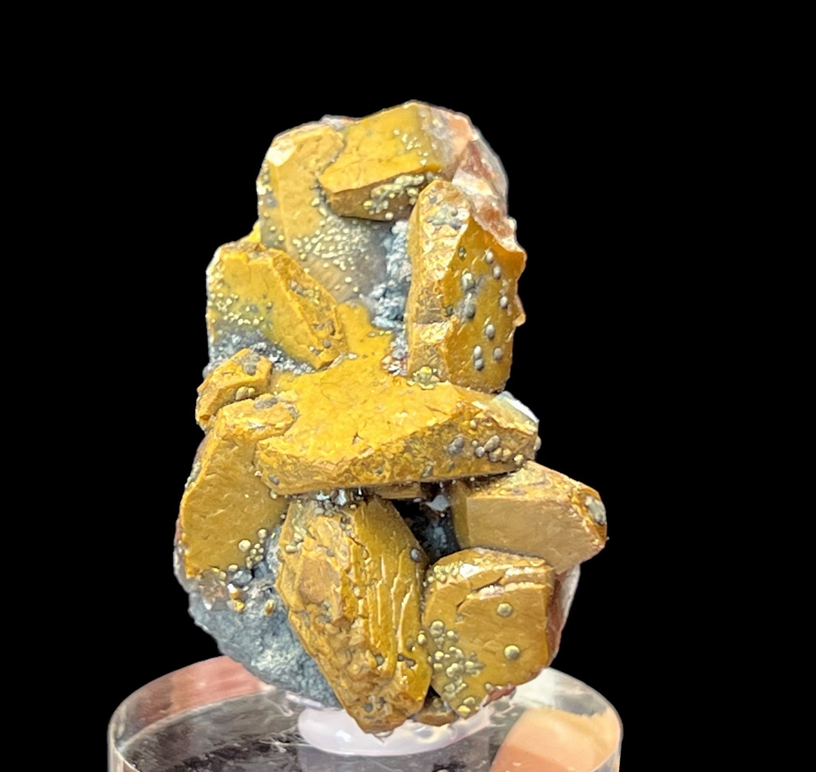 35mm Calcite & tiny Chalcopyrite with acrylic base, Natural Mineral Specimen