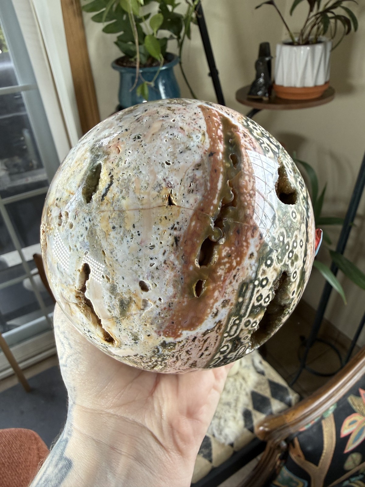 8th Vein Ocean Jasper Sphere – Druzy Pockets – Green, Pink, White – 3.69lbs