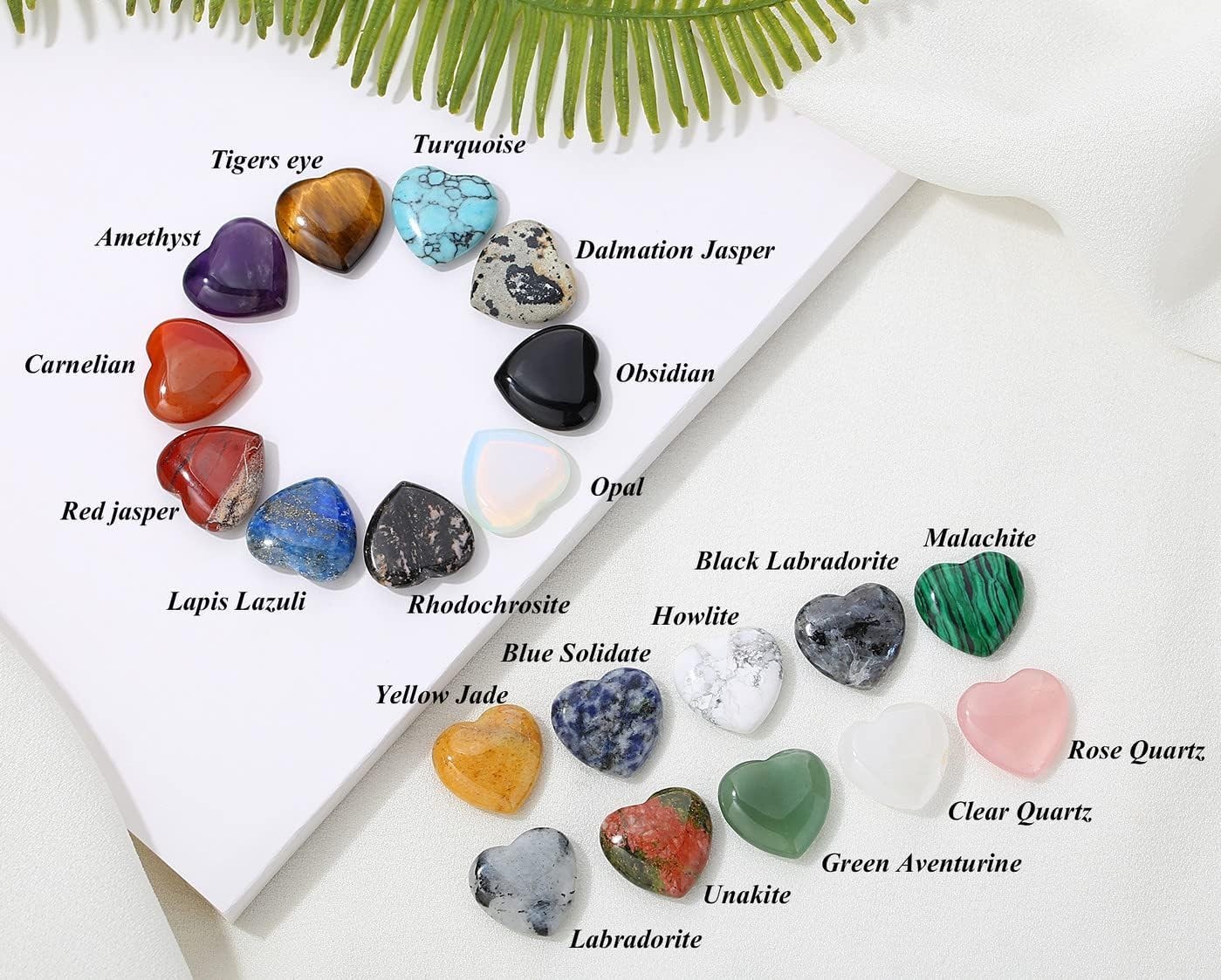 20PCS Natural Crystals and Healing Stones Set – Polished Heart Gemstones 0.8″