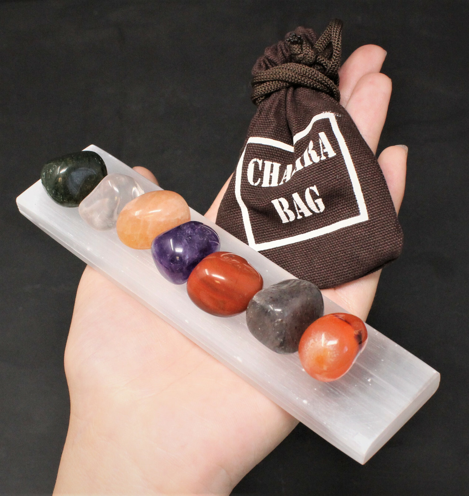 7 Chakra Tumbled Stone Set Carry Pouch Polished Selenite Charging Plate + Guide!