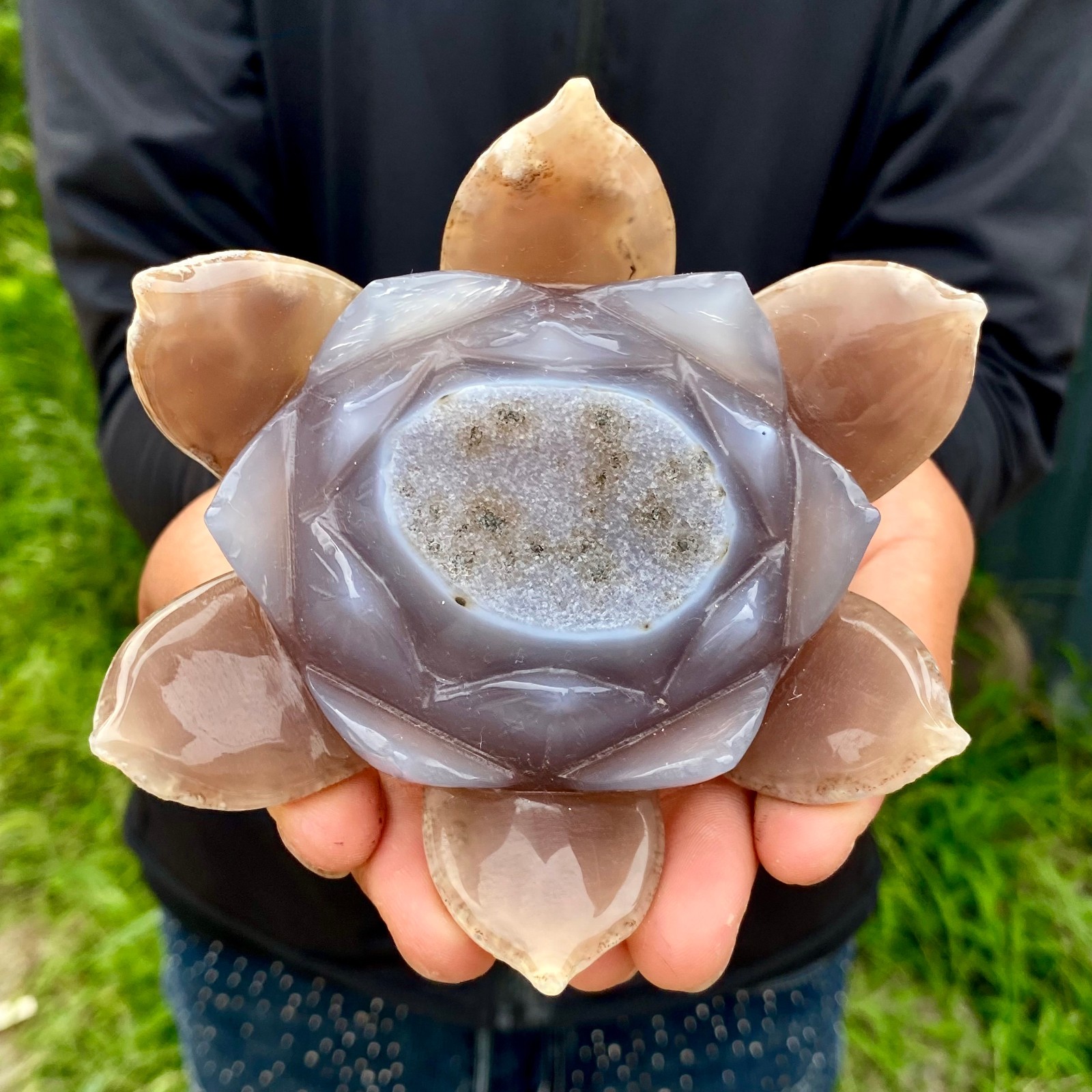 343G Natural Agate Geode Carved Lotus Flower, Hand Carved Healing Crystal Home