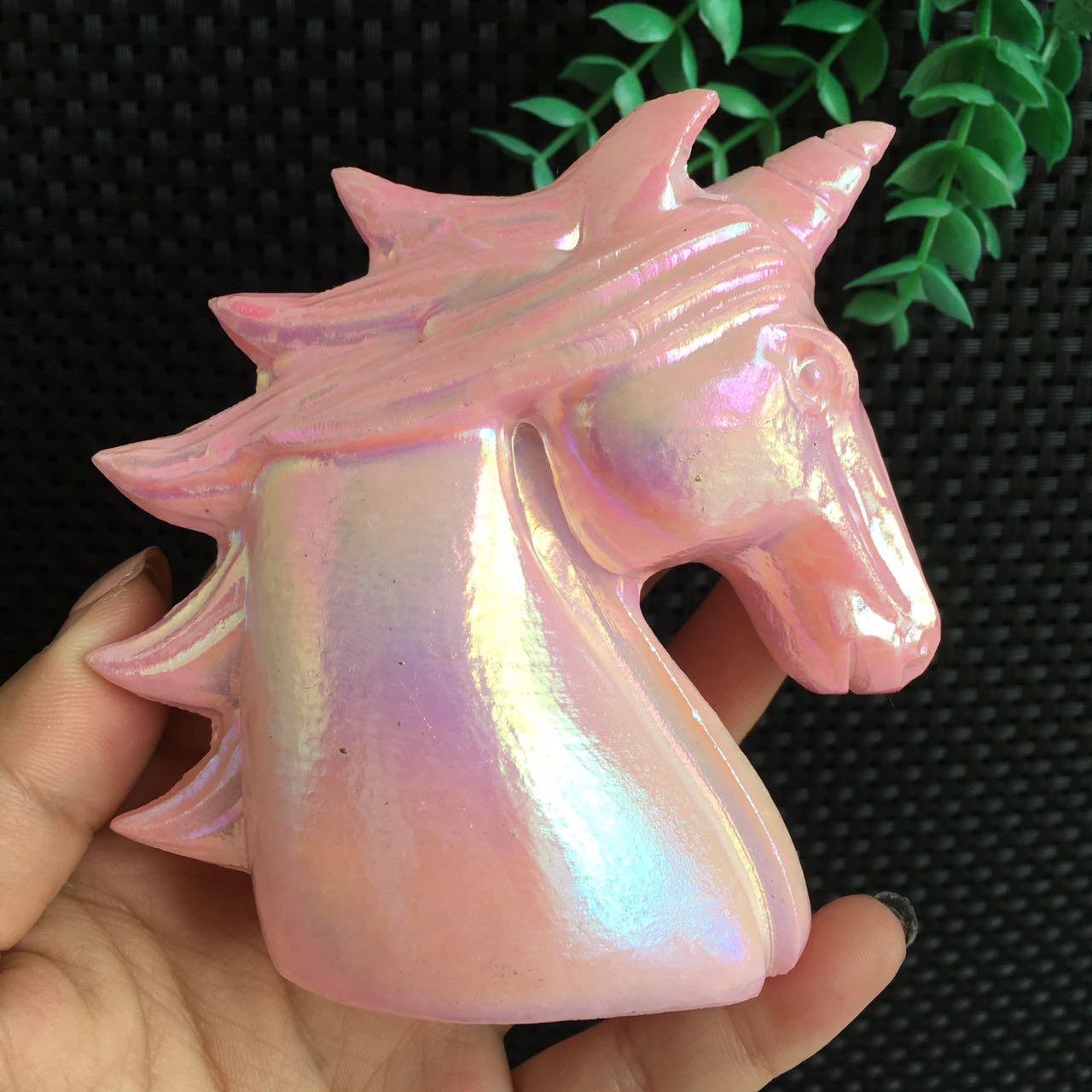 408g Pink Aura White Jade Unicorn Carving Stone Crystal Rainbow Energy Art Decor