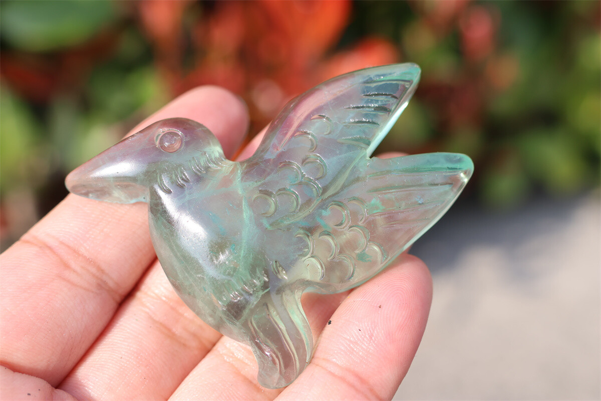 2.3” Carved Natural fluorite Hummingbird Crystal Skull decor reiki gift 1pc