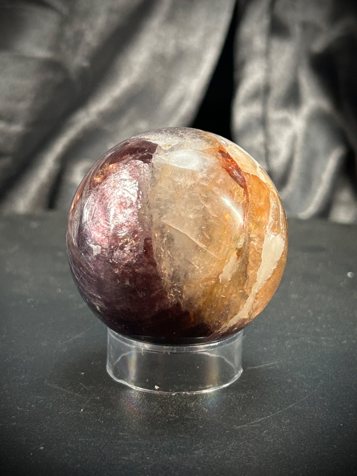 2″ Gem Lipidolite and Hematoid Quartz Sphere with Acrylic Stand 6.5 oz