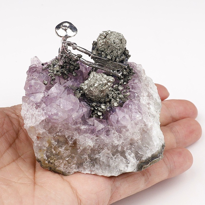 Natural Amethyst Cluster with Alloy Miner Figurine Home Decor Ornament 1PCS