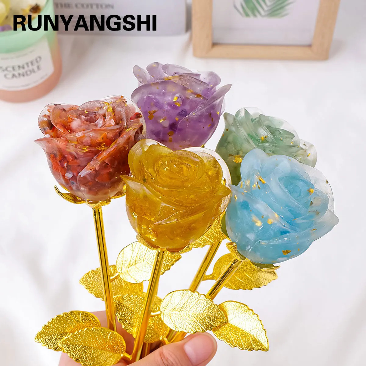 1PC Natural Crystal Crafts Rose Quartz Flowers Statue Healing Gemstone