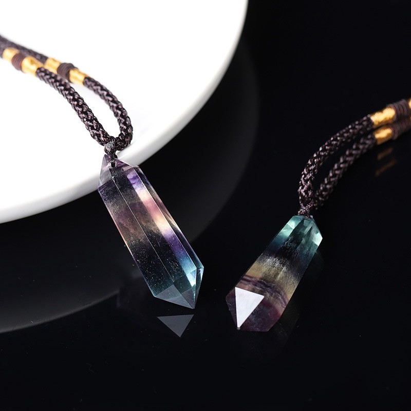 Natural Rainbow Fluorite Quartz Crystal Pendant Reiki Healing Gemstone Necklace