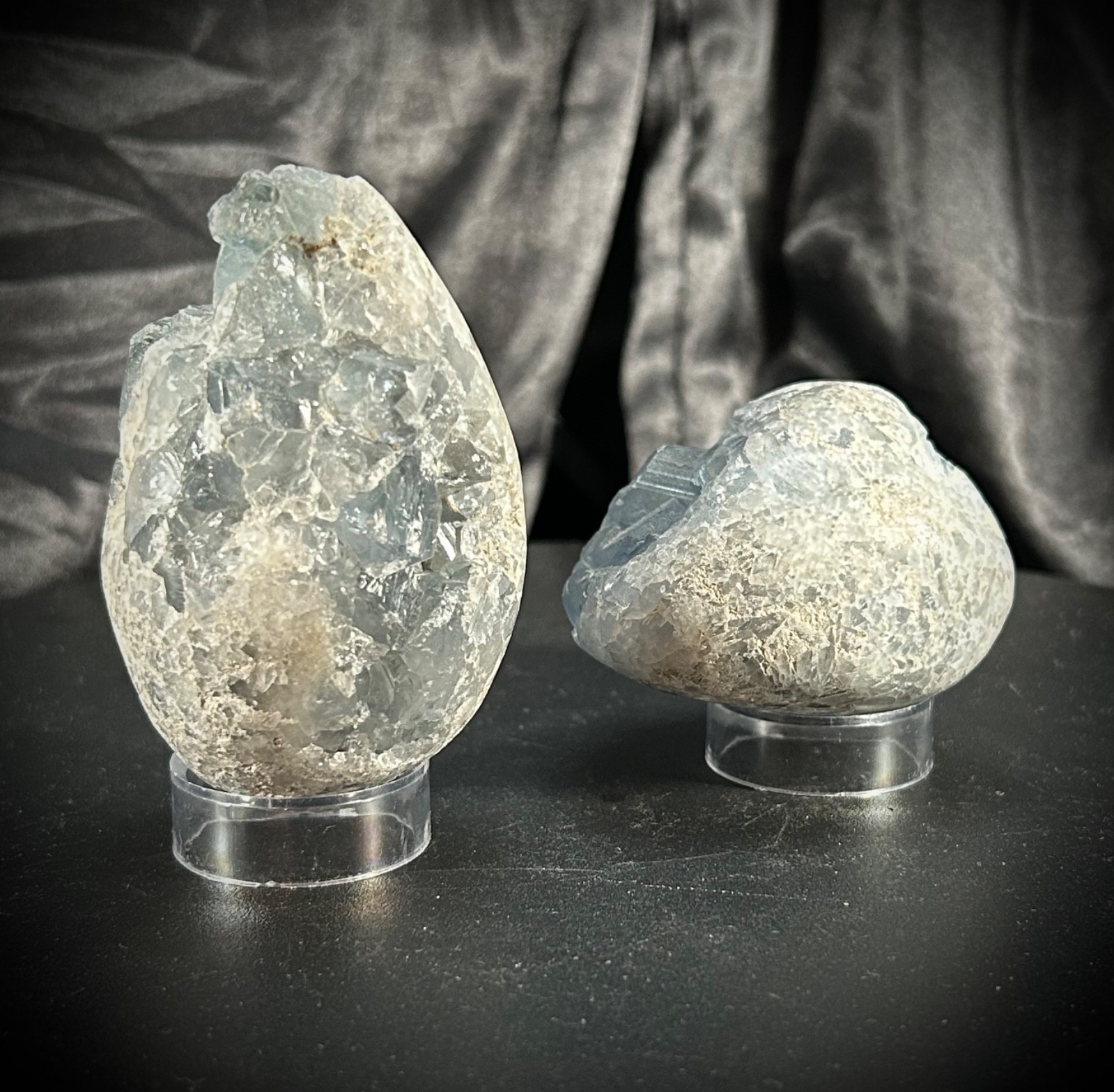 Pair of Celestite Freeform Specimens with Clear Acrylic Stands 1lb 5.8oz