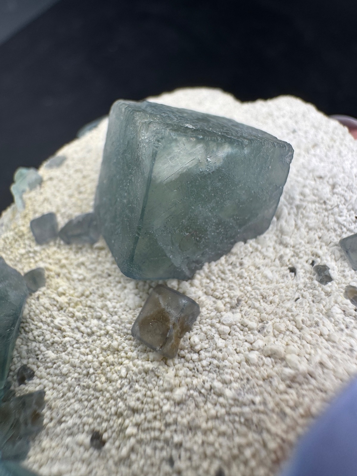 6457 Blue Green Morandi Fluorite on White Candle Quartz Inner Mongolia 50g
