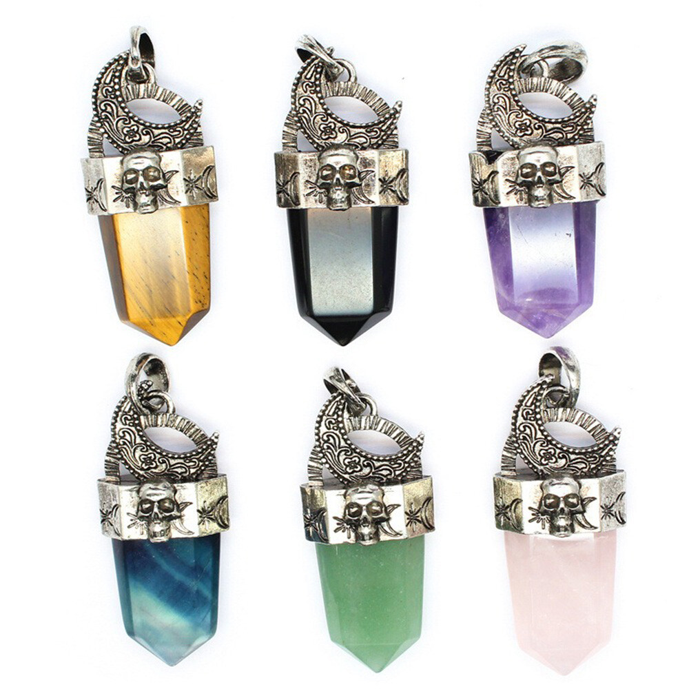 1x Natural Chakra Moon Skull Head Pendants Crystal Quartz Gems Reiki Amulet Rock
