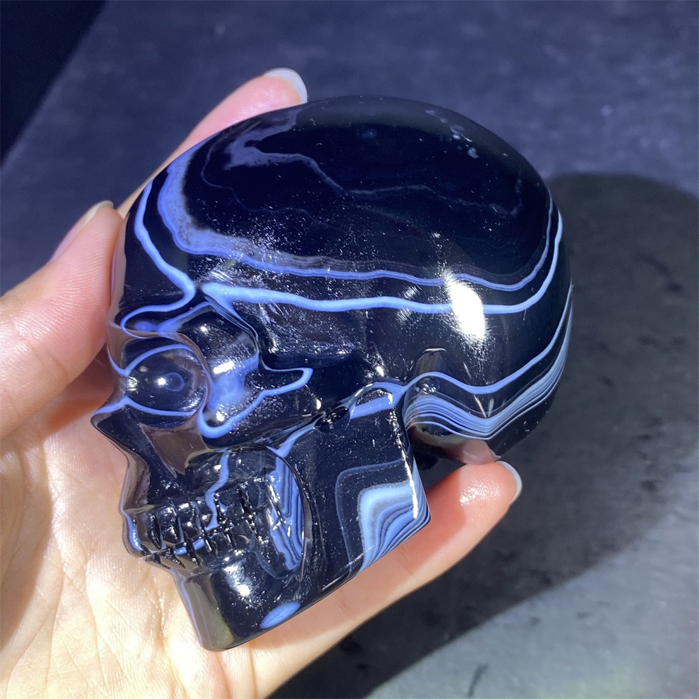 0.8LB 3.2″ A+Geode Black Sardonyx Agate Skull Statue Crystal Reiki Carving Decor