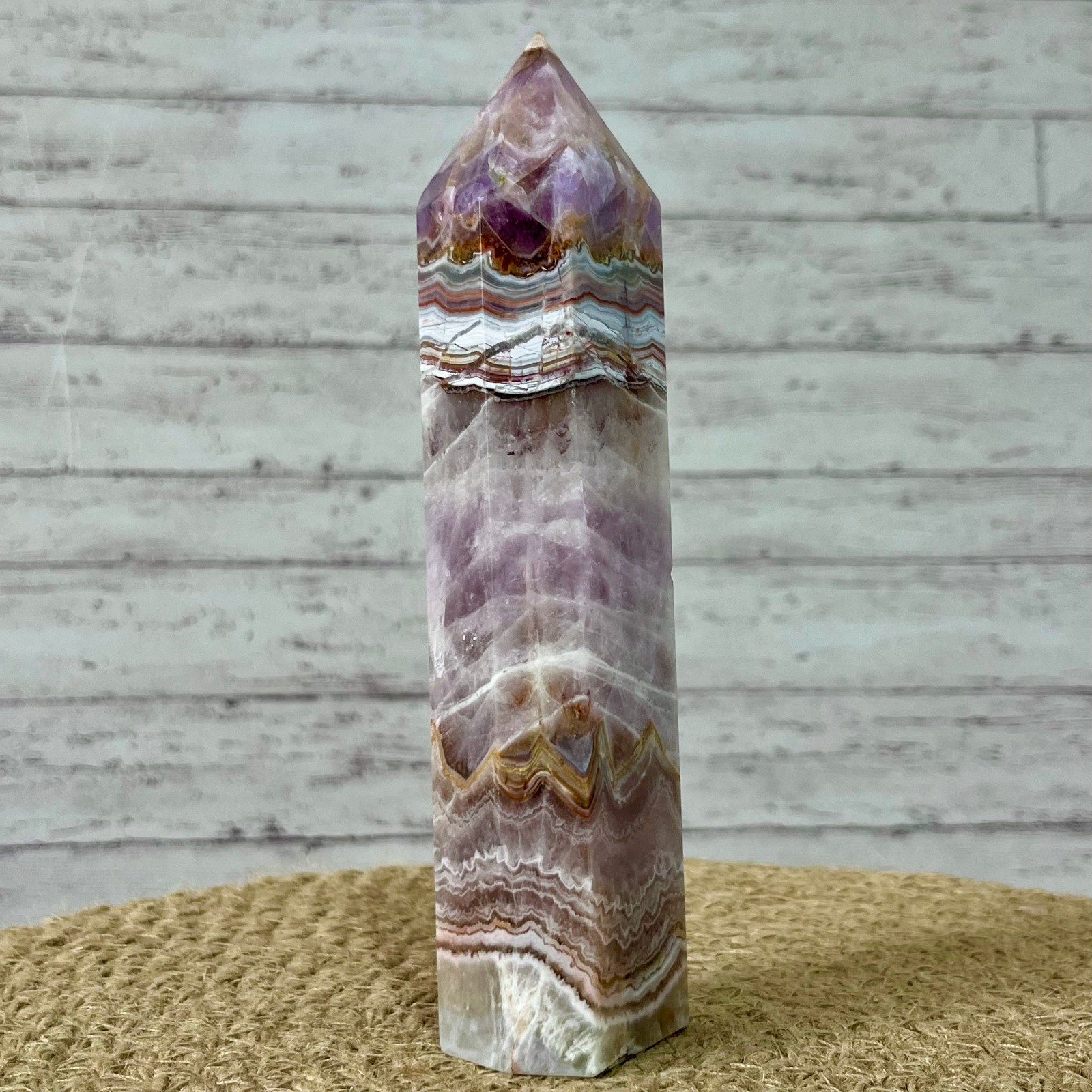 381 g Natural Amethyst Agate Tower Striped Pattern Crystal Obelisk