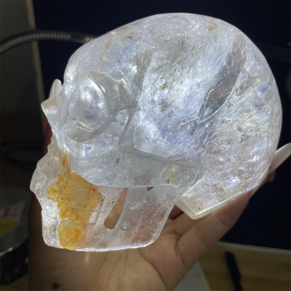 3.3LB 4.7″ RareA+ Natural Golden Healer Skull Carving Crystal Quartz Reiki Gift