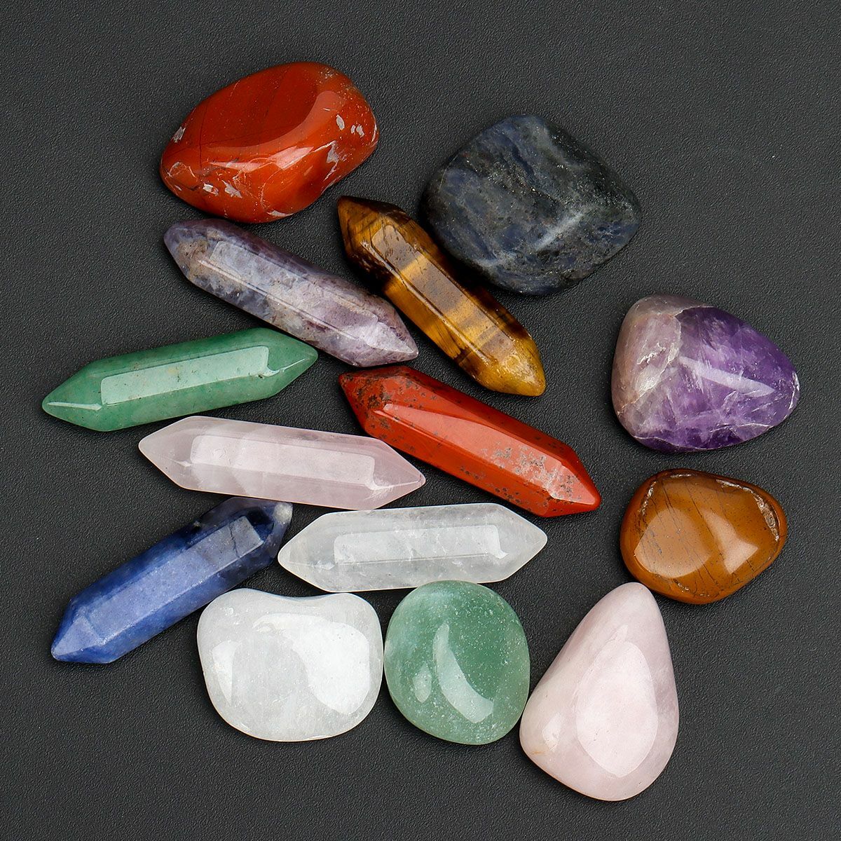 14Pc Chakra Natural Gem Stone Set Single Point Healing Wand Reiki Quartz Crystal