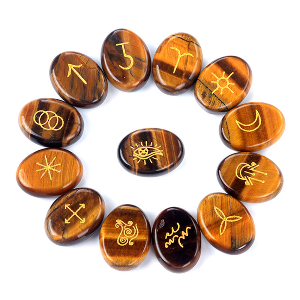 13PCS Crystal Witches Runes Stone Set Engraved Rune Symbol Meditation Divination