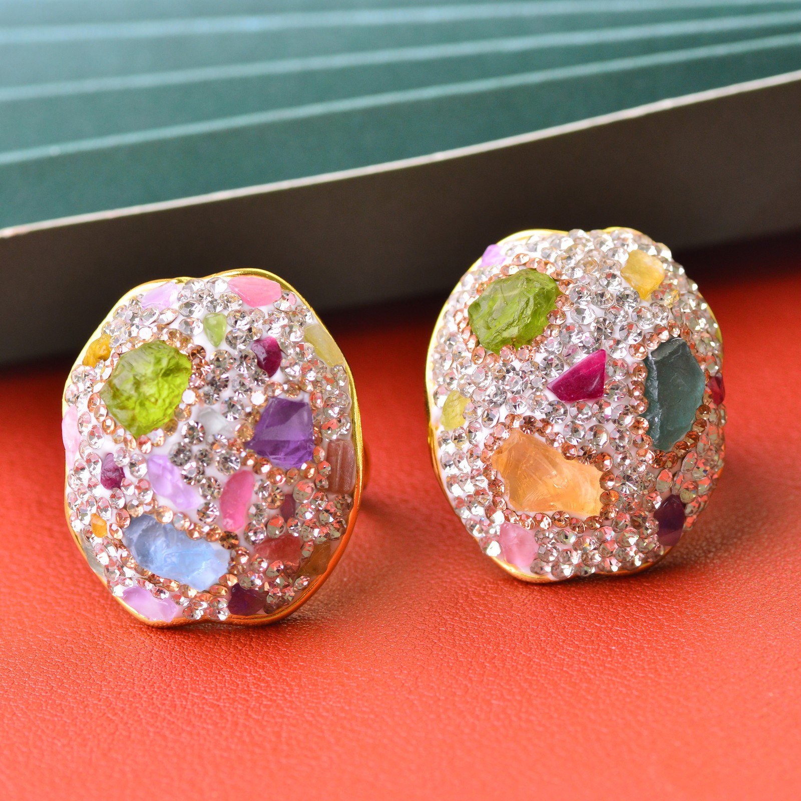 Crystal-encrusted gemstone ring alloy inlaid with handmade Energy Crystal